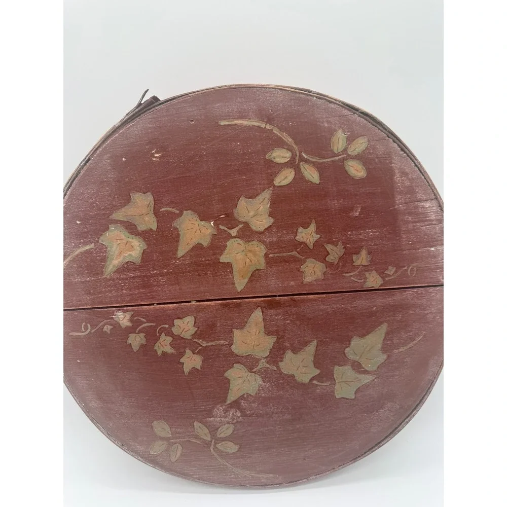 Vintage 1930s Bentwood Hat Box Hand Painted Ivy Leaf Round Storage 15 Inch Wide